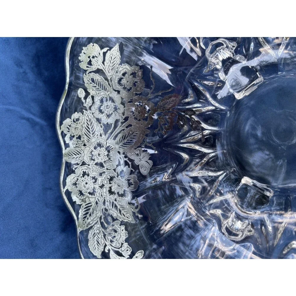 Vintage Floral Etched Glass Compote Bowl on Three Feet Decorative Centerpiece